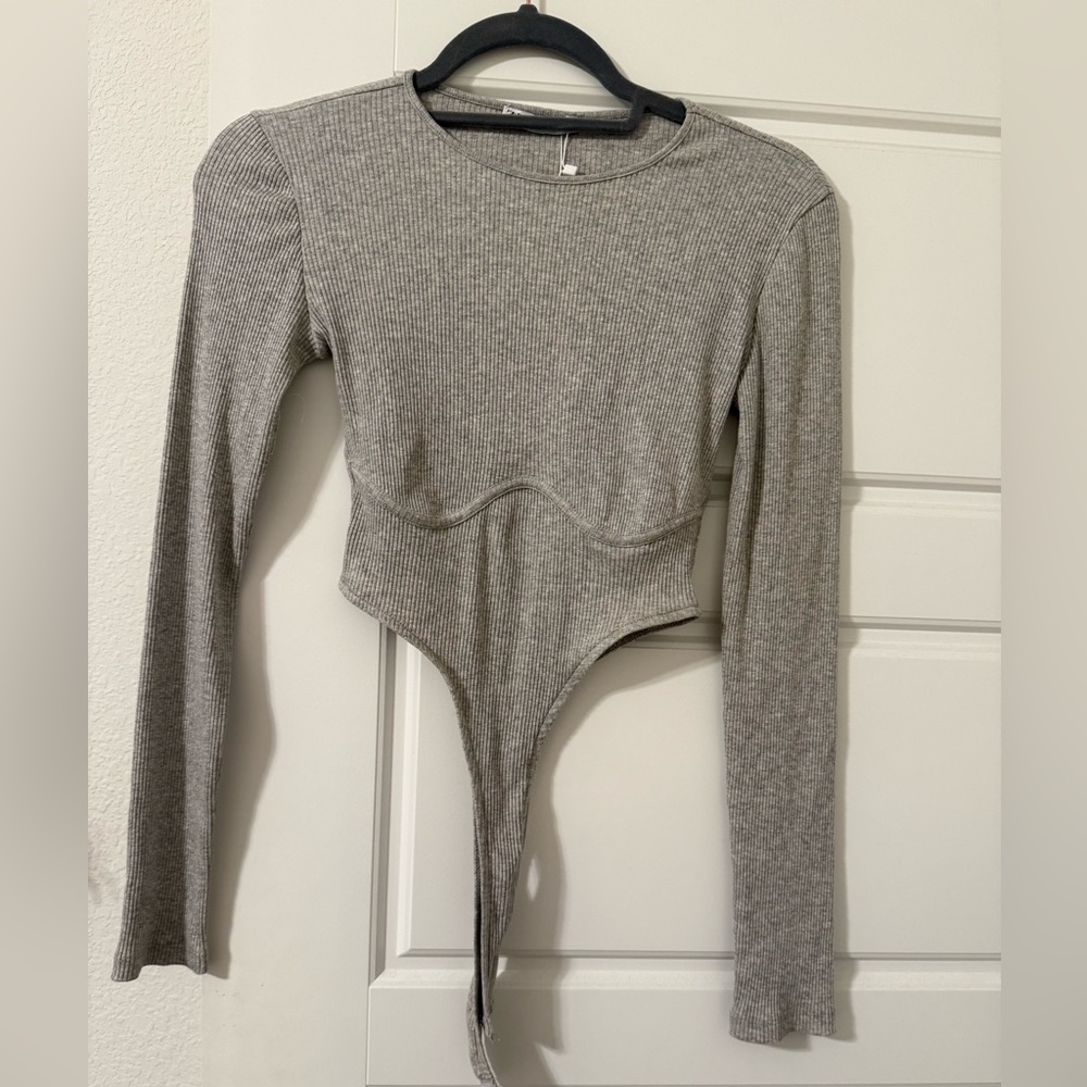 Zara Gray Long Sleeve Ribbed Top